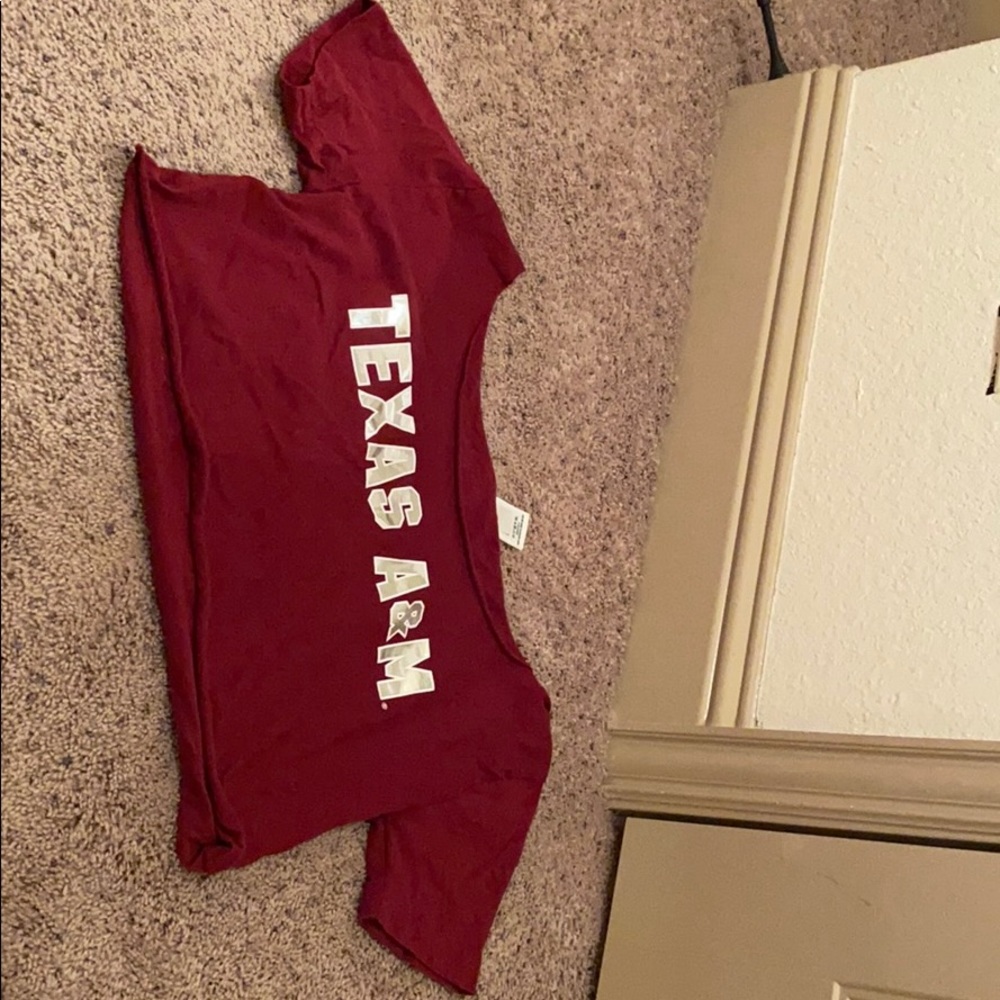 vs pink maroon tamu off one shoulder cropped tee
